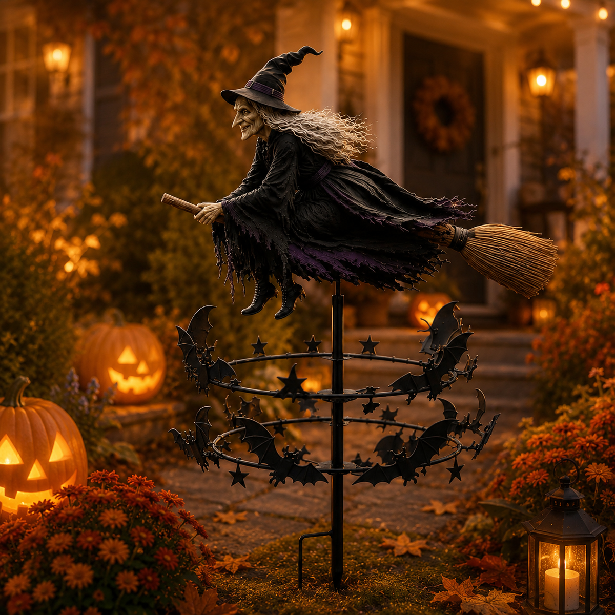 Enchanted Witch Garden Spinner – Halloween Flying Witch & Bat Yard Stake Decor