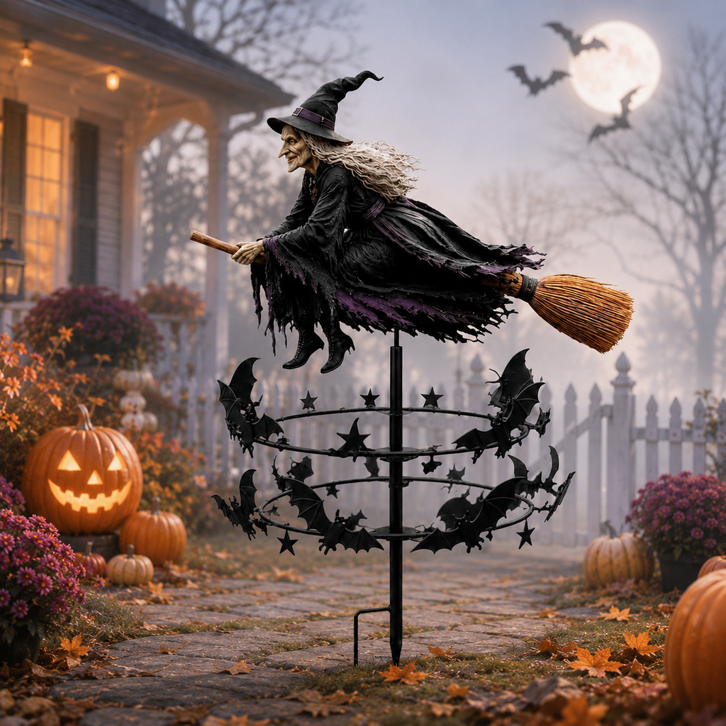 Enchanted Witch Garden Spinner – Halloween Flying Witch & Bat Yard Stake Decor