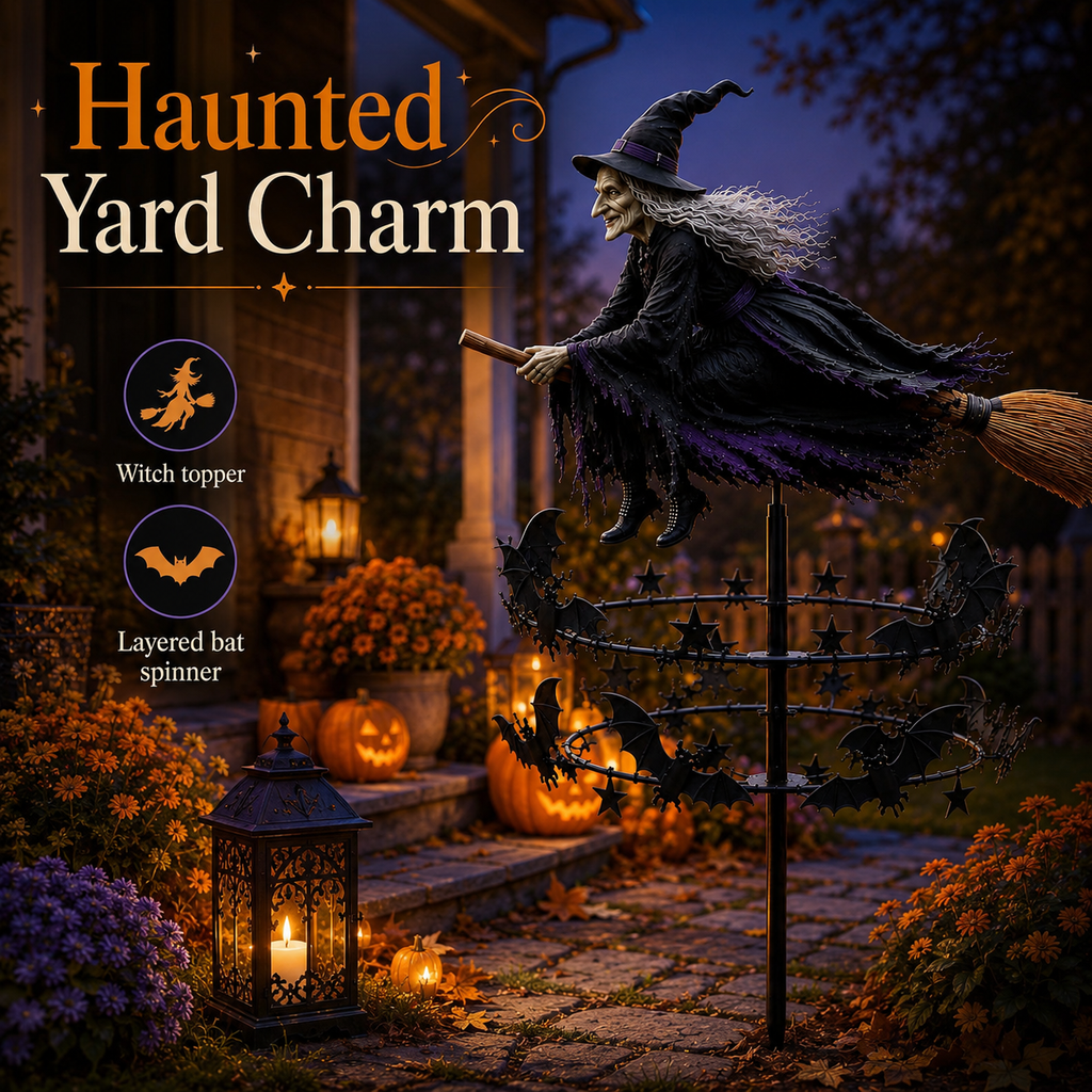 Enchanted Witch Garden Spinner – Halloween Flying Witch & Bat Yard Stake Decor
