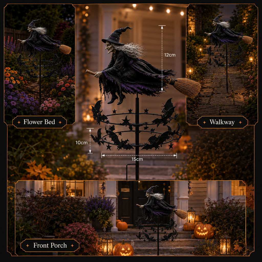 Enchanted Witch Garden Spinner – Halloween Flying Witch & Bat Yard Stake Decor