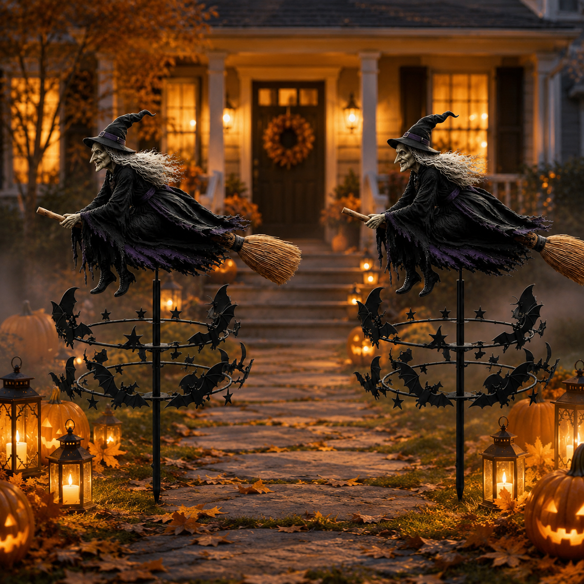 Enchanted Witch Garden Spinner – Halloween Flying Witch & Bat Yard Stake Decor