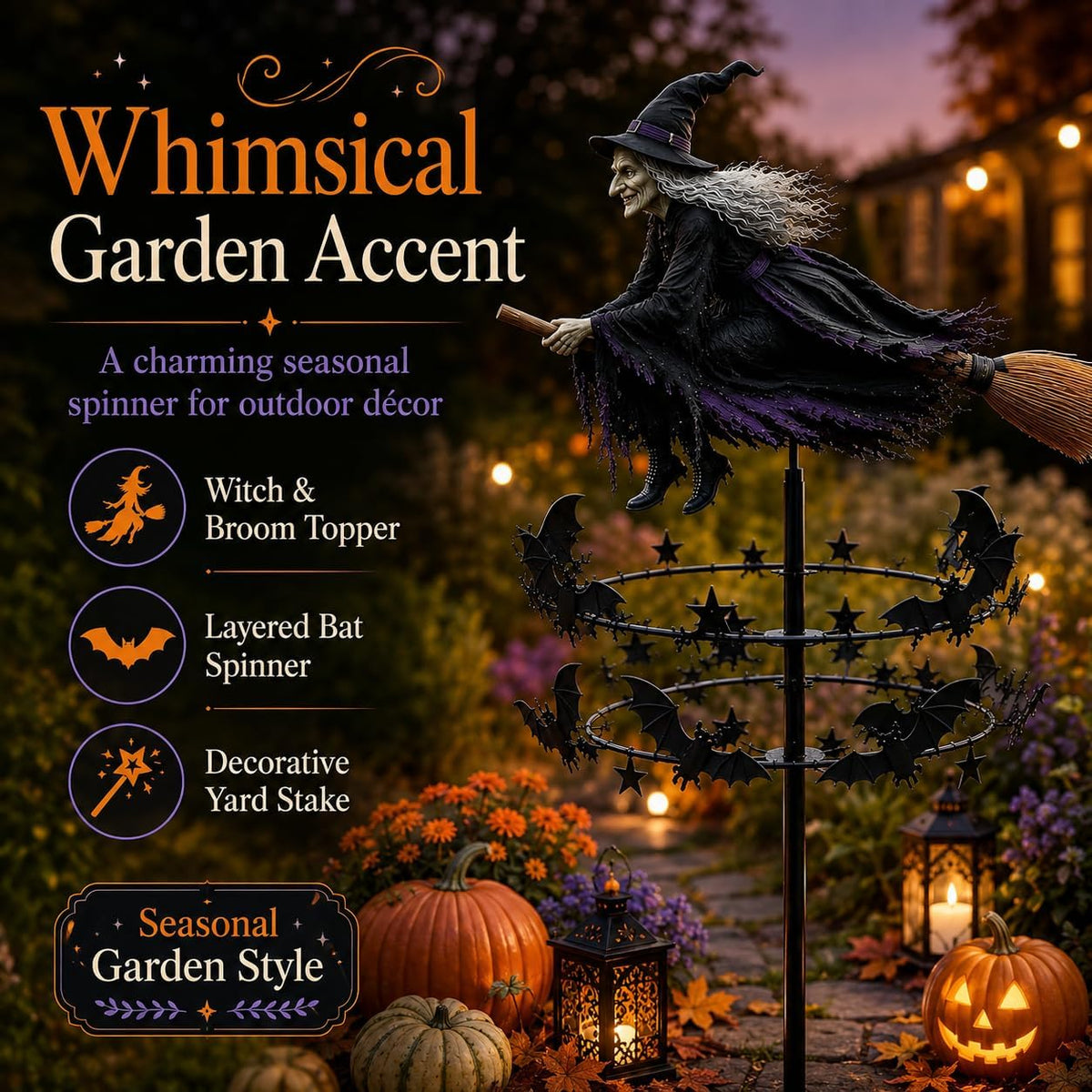 Enchanted Witch Garden Spinner – Halloween Flying Witch & Bat Yard Stake Decor