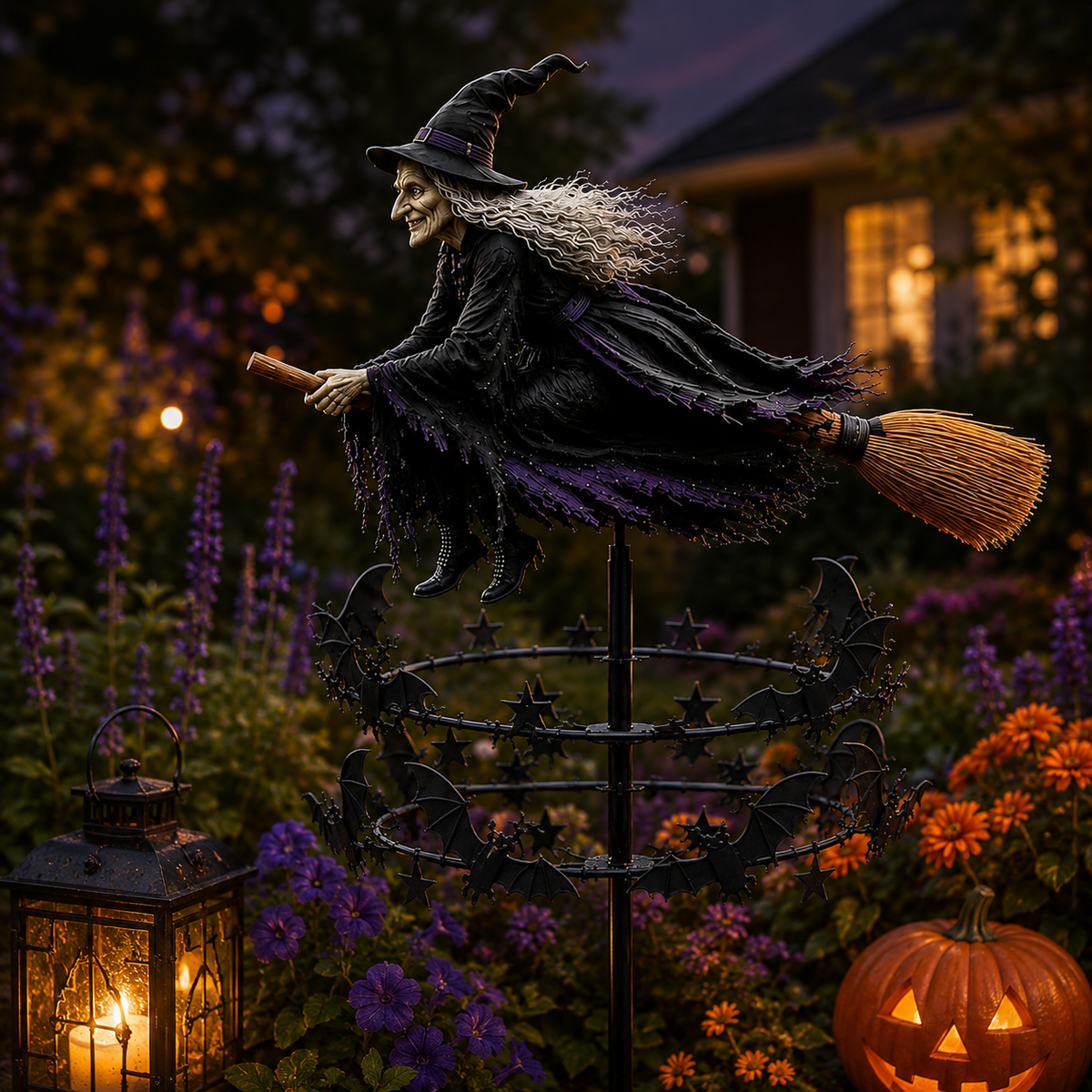 Enchanted Witch Garden Spinner – Halloween Flying Witch & Bat Yard Stake Decor