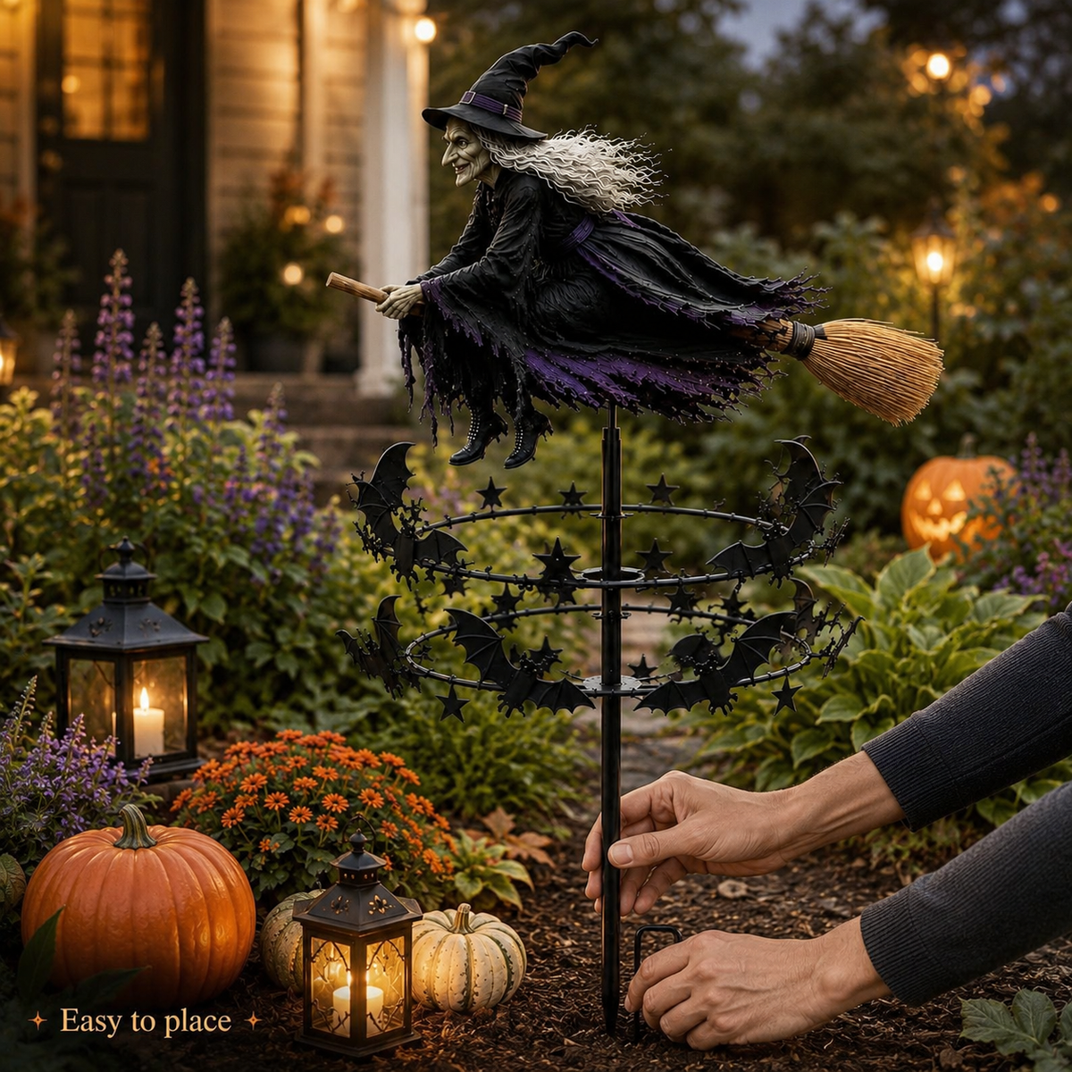 Enchanted Witch Garden Spinner – Halloween Flying Witch & Bat Yard Stake Decor