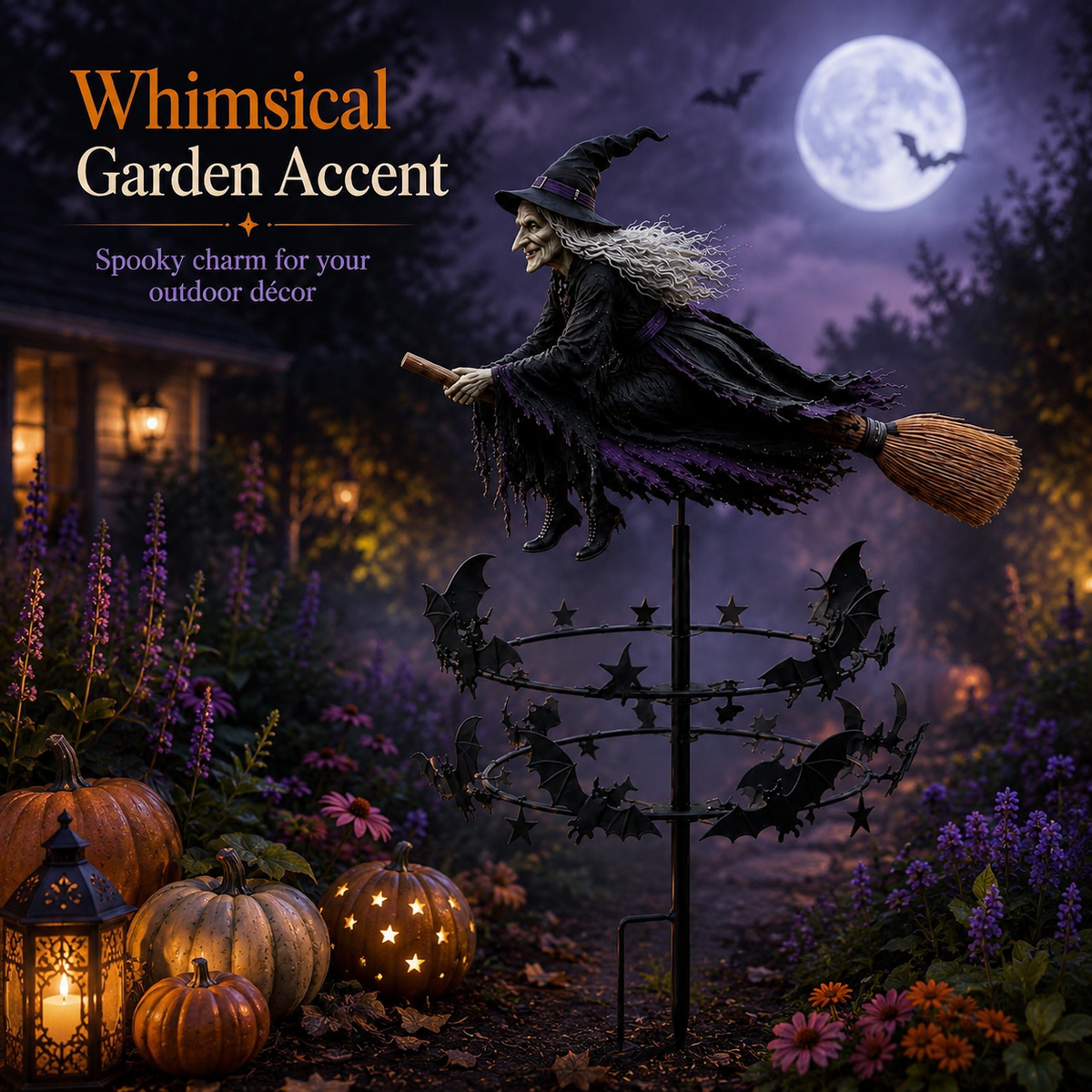Enchanted Witch Garden Spinner – Halloween Flying Witch & Bat Yard Stake Decor