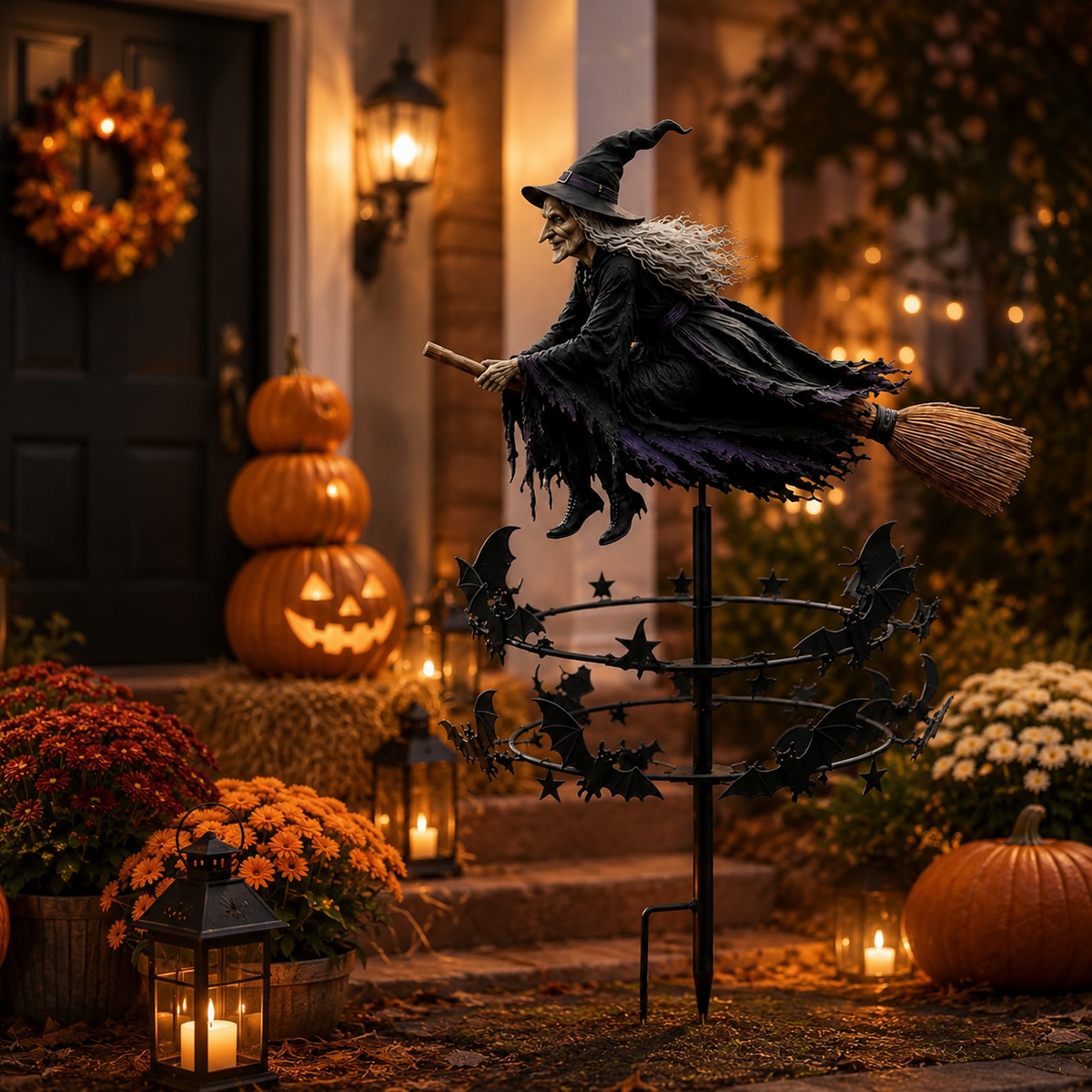 Enchanted Witch Garden Spinner – Halloween Flying Witch & Bat Yard Stake Decor
