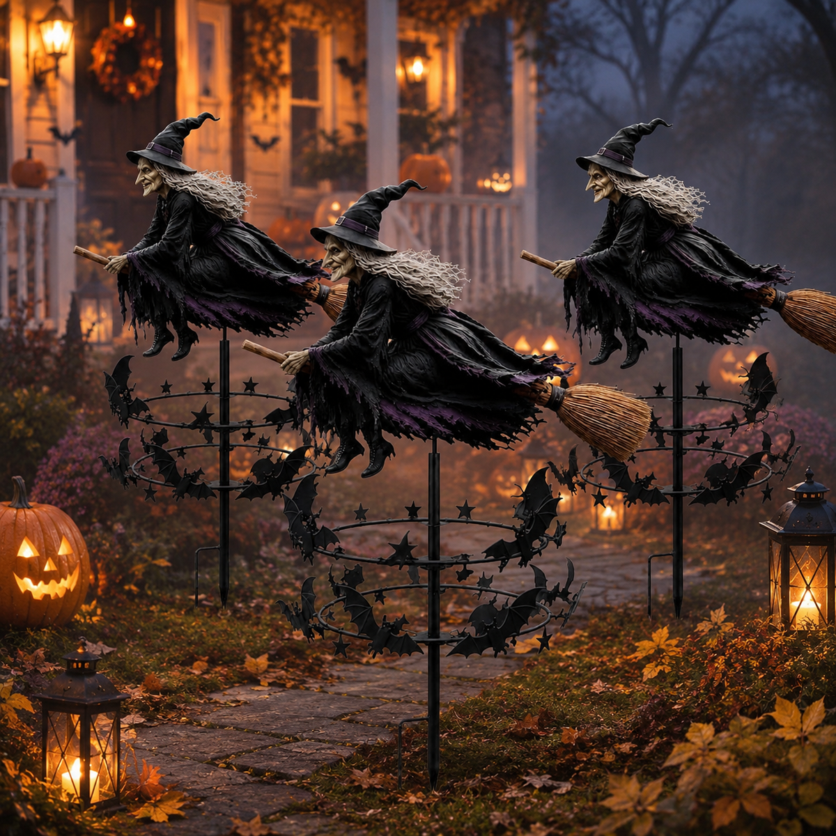 Enchanted Witch Garden Spinner – Halloween Flying Witch & Bat Yard Stake Decor