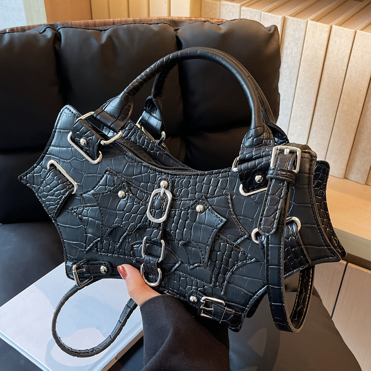 Gothic Bat Wing Shaped Handbag, Rock Steampunk Style Rivet Satchel Handbag, Y2K Style Novelty Handbag Purse for Cosplay Party, Music Festival