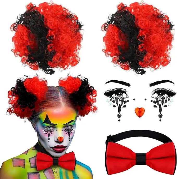 Women Halloween Clown Accessories Rainbow Wig Hair Clip On Puff Buns Clown Bowtie