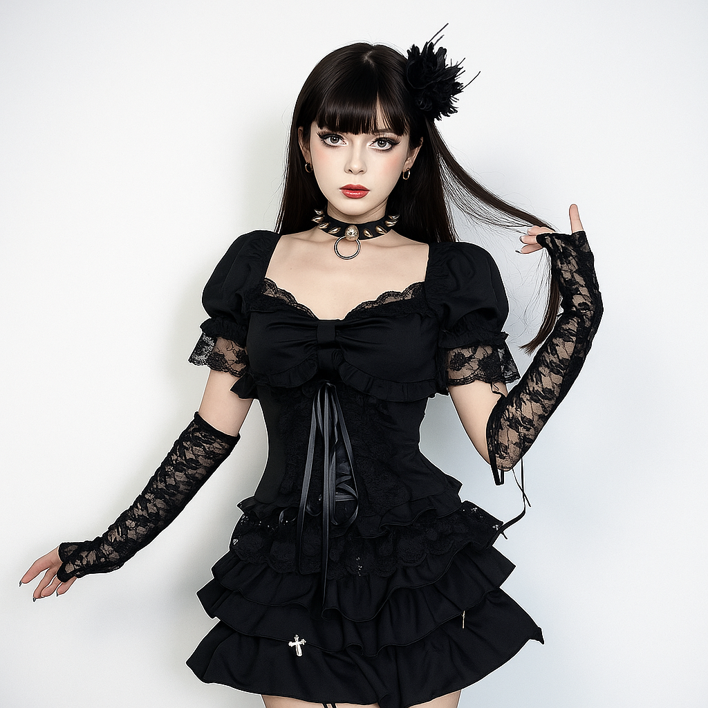 Gothic Black Tie-Up Crop Top with Lace Accents